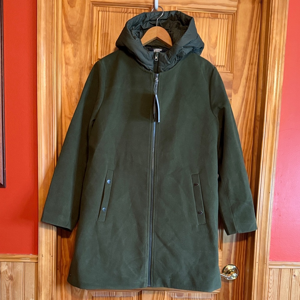 Lands' End Women's Forest Green Hooded Trench Coat with Detachable Vest.